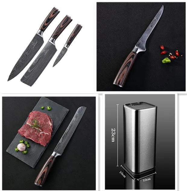 Chef knife with laser Damascus pattern on 7CR17 steel blade and colour steel handle.
