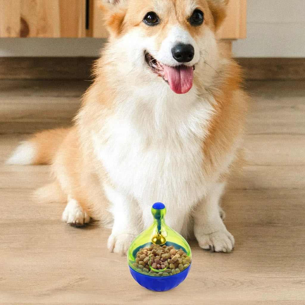 Interactive pet treat dispenser tumbler toy for dogs and cats showing dimensions