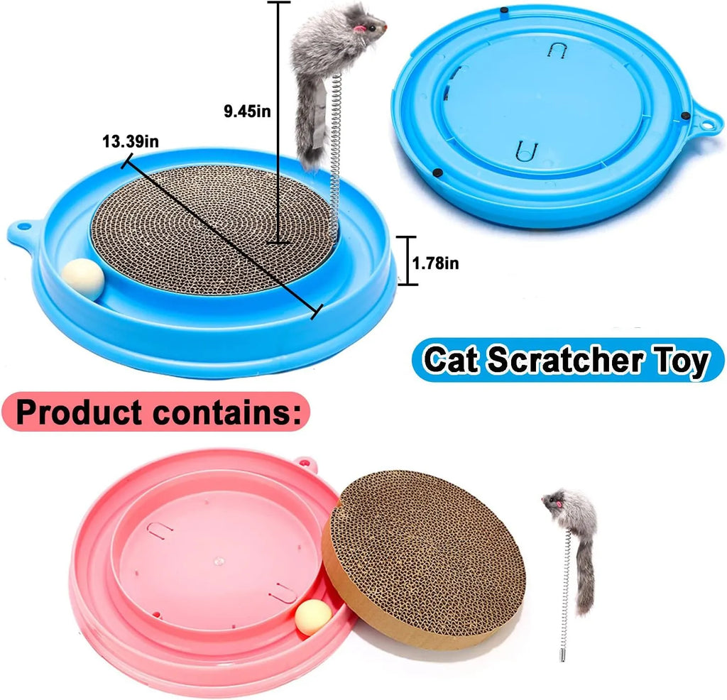 Round corrugated cardboard cat scratcher toy with blue or pink track, rolling ball, and mouse swatter attachment on white background