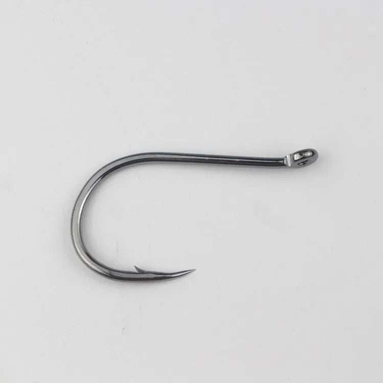 A selection of barbed, crooked mouth fishing hooks with ring holes made from alloy carbon steel.