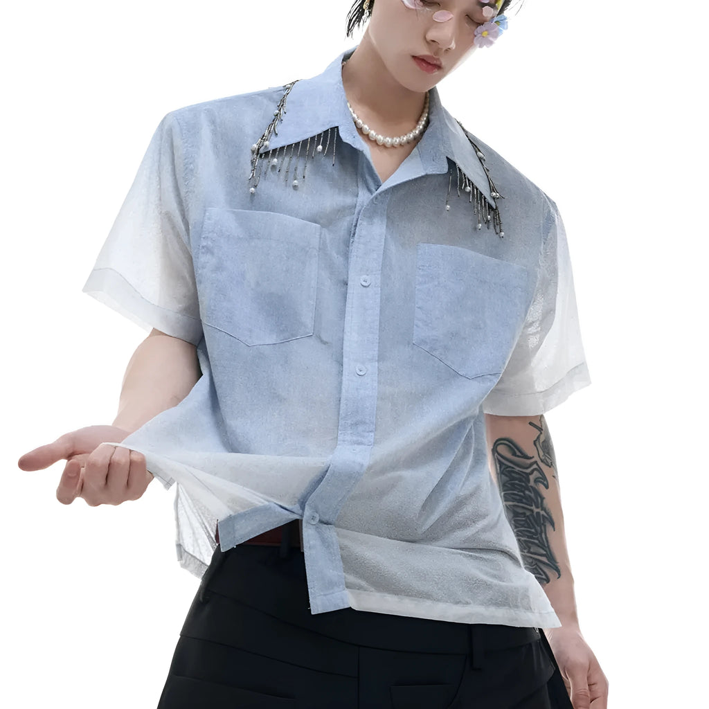 Men's blue and white gradient loose fit short sleeve shirt with quilted details