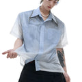 Men's blue and white gradient loose fit short sleeve shirt with quilted details