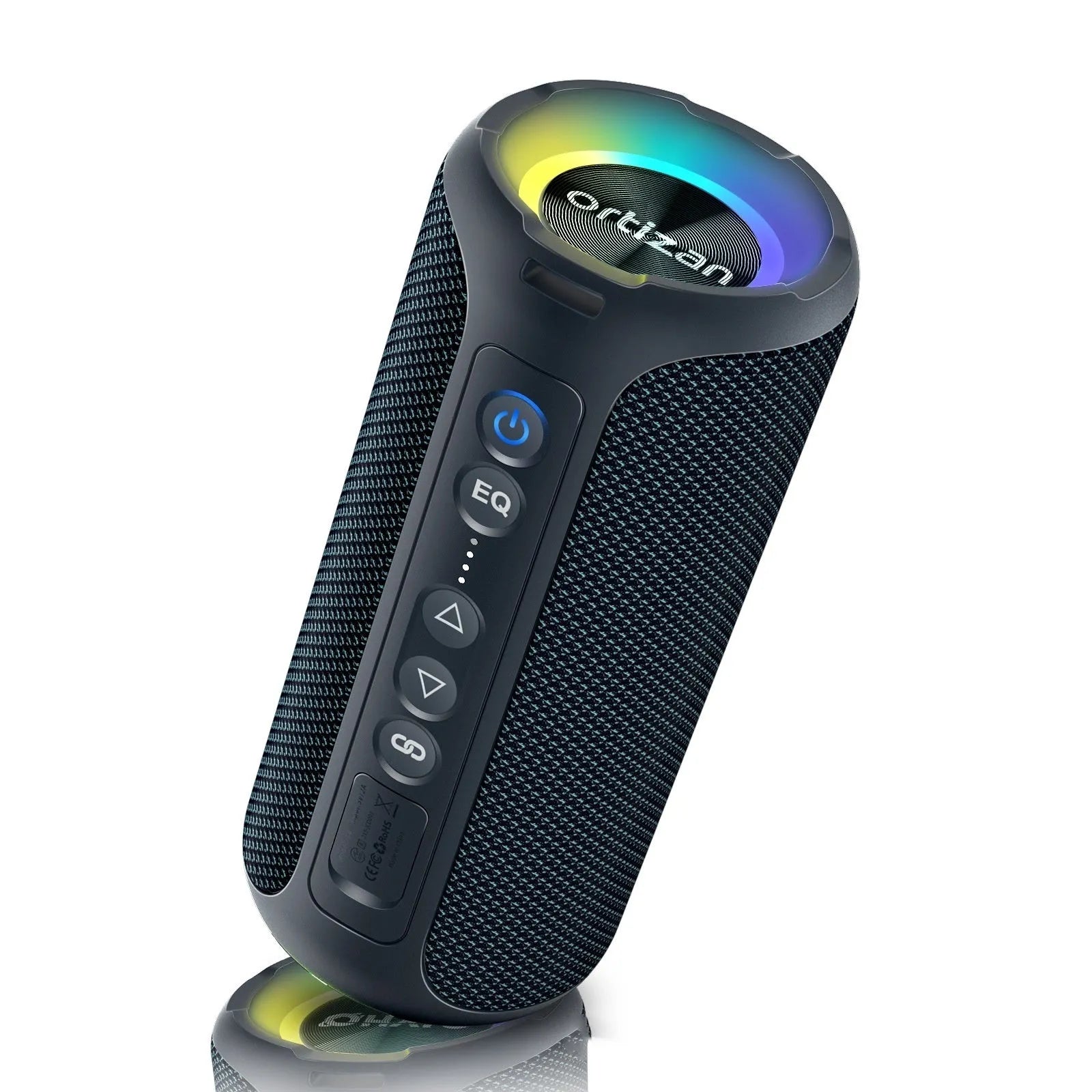Black and blue fabric wireless Bluetooth speaker with luminous LED lights