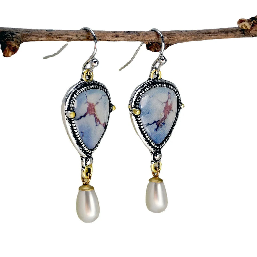 Women's retro blue drop earrings with geometric design featuring synthetic opal and pearl on electroplated metal