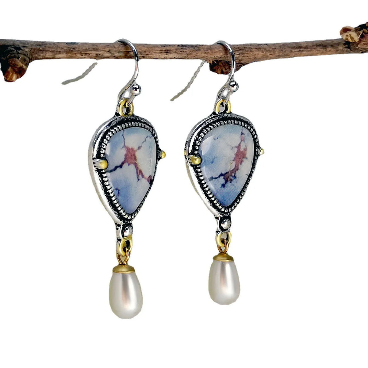 Women's retro blue drop earrings with geometric design featuring synthetic opal and pearl on electroplated metal