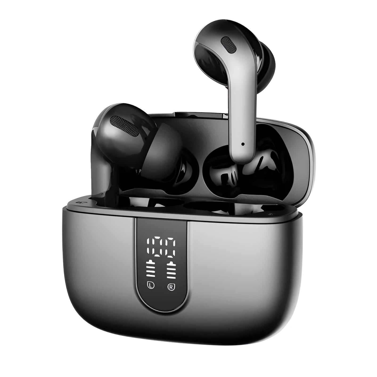 Jerry X08 black wireless earbuds with digital display and USB charging case.