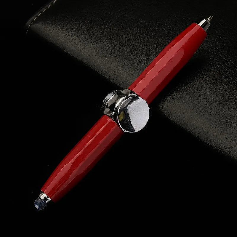 Metal LED pen spinner ballpoint pen showing spinner mechanism and writing tip with multiple ink colour options