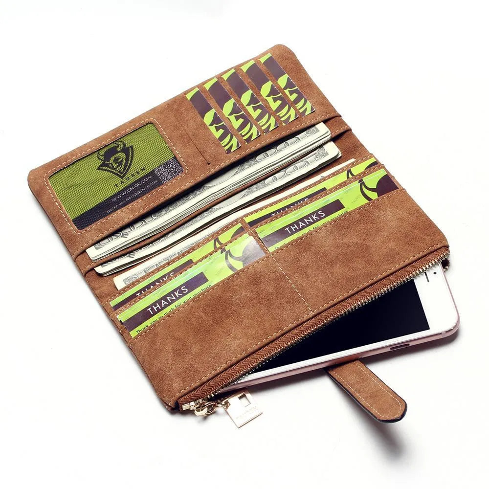 Vertical long Pu leather wallet with zip closure open to show card slots, note compartment, and phone pocket.
