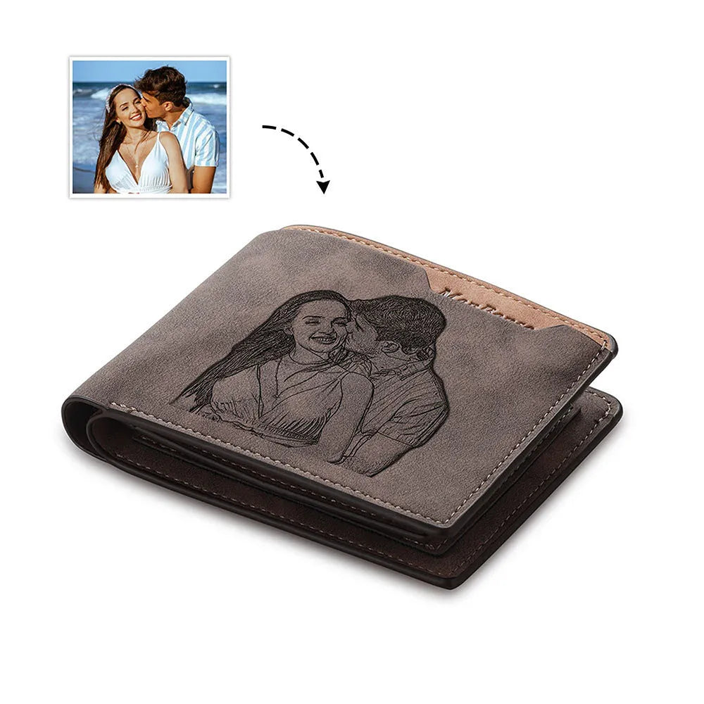 Coffee brown engraved horizontal short wallet with personalisation showing seven-slot interior