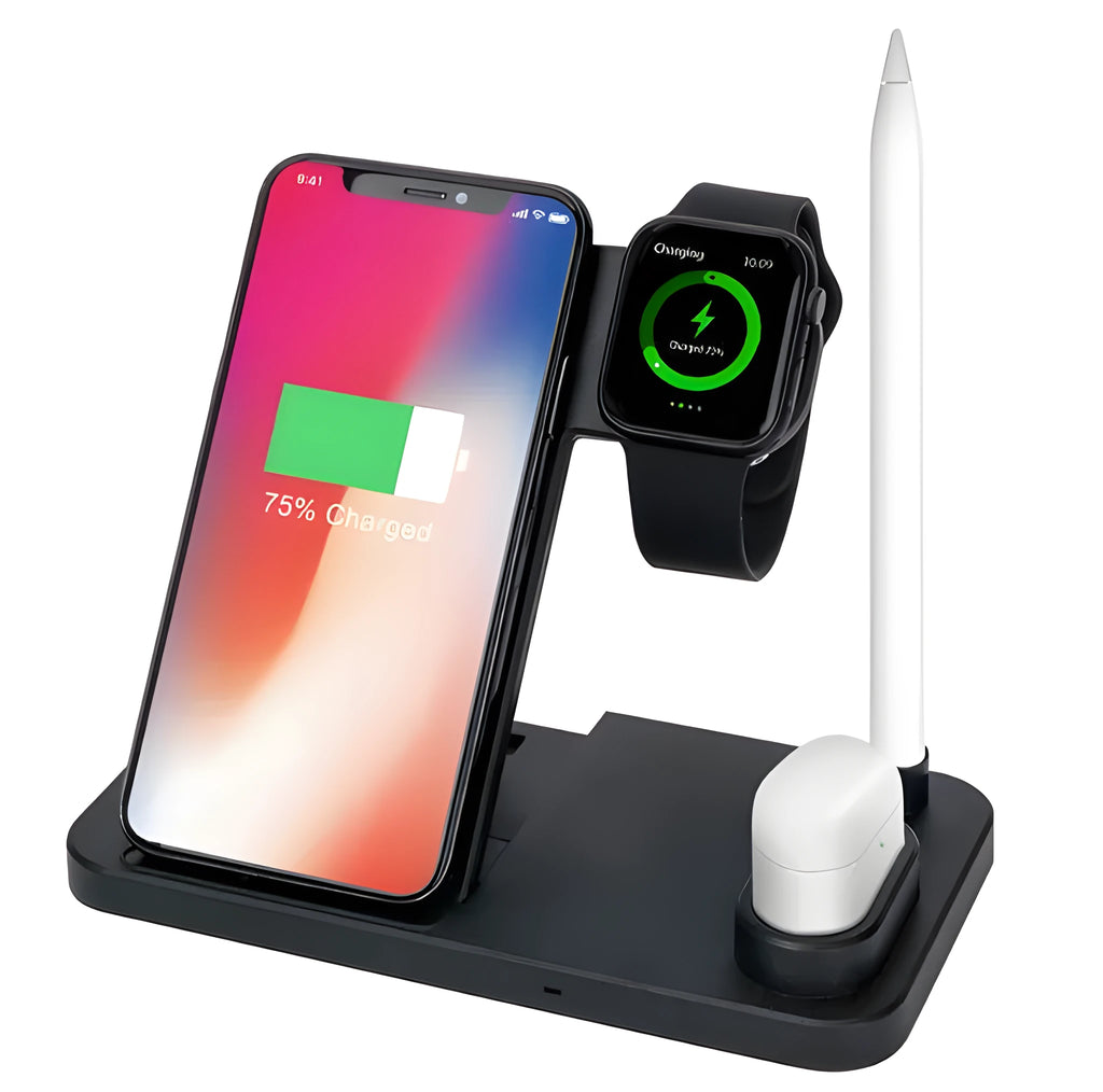 4-in-1 wireless charging station showing phone, Apple Watch, AirPods and Apple Pencil charging simultaneously