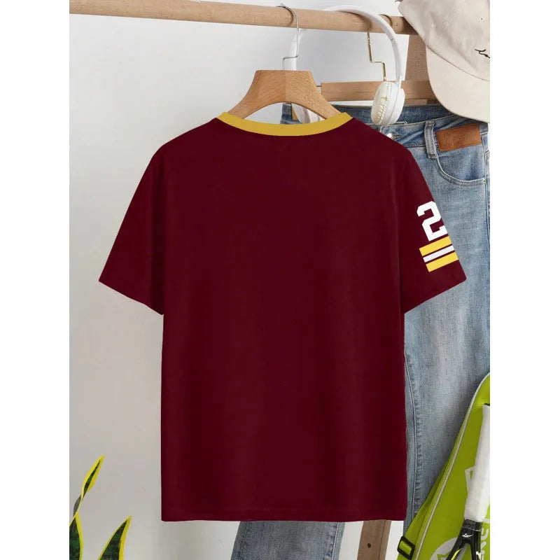 Loose fit casual cotton T-shirt with digital letter printing in red or green colour options