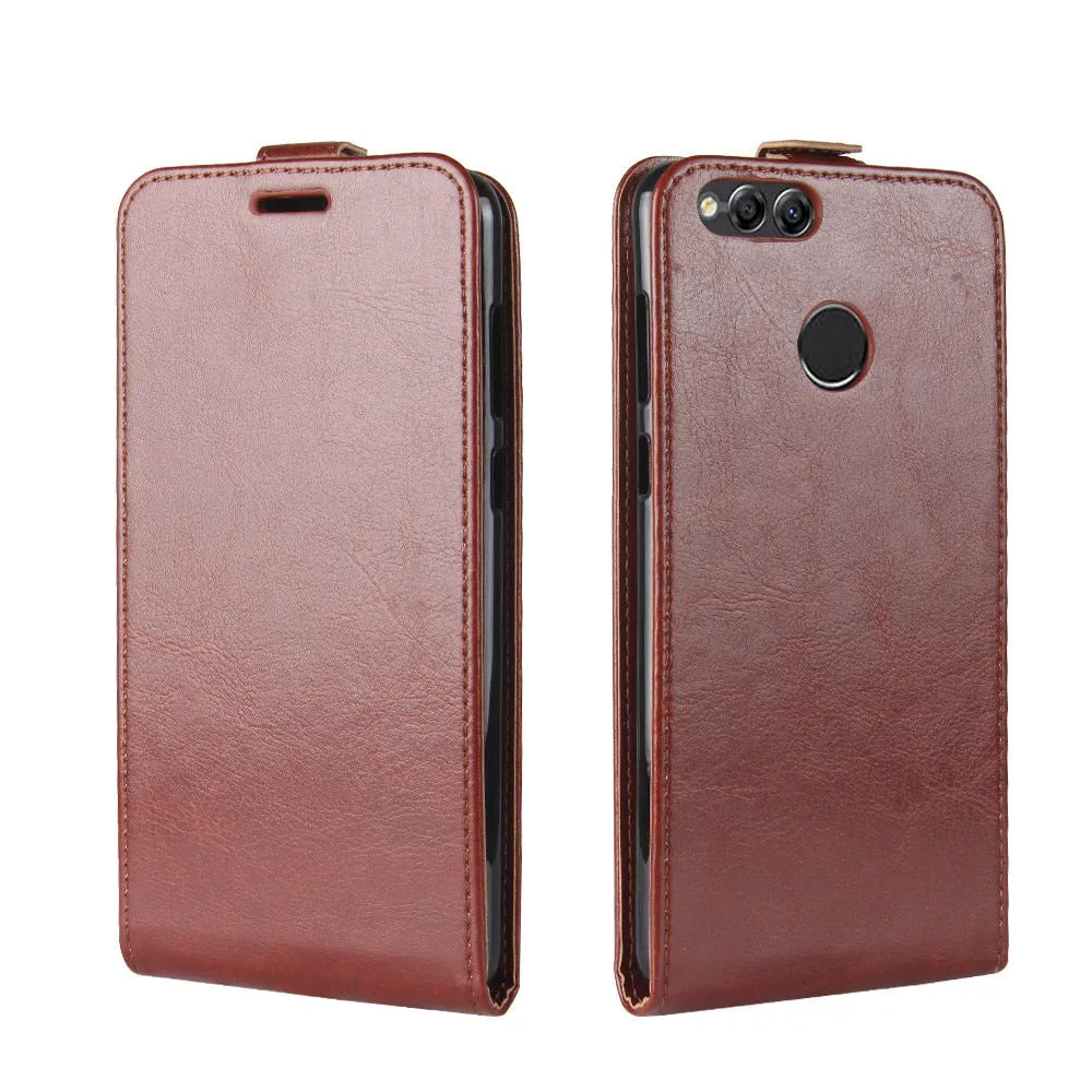 Honor 7X leather wallet phone case in black showing card slots and crazy horse pattern texture.