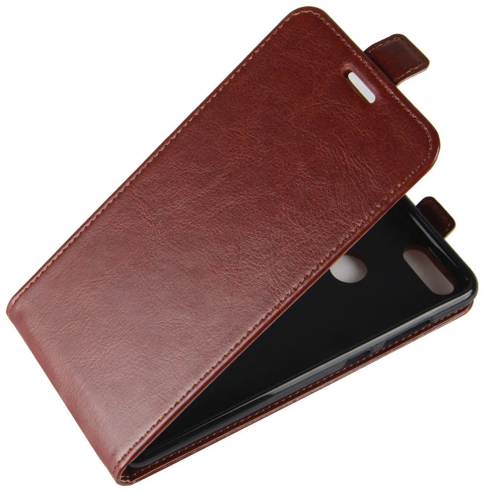 Honor 7X leather wallet phone case in black showing card slots and crazy horse pattern texture.