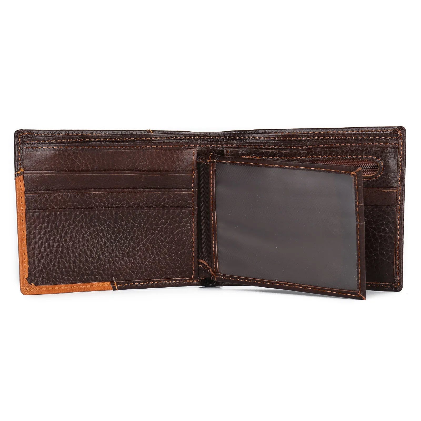 Soft cowhide leather men's wallet with decorative stitching, shown open to reveal card slots, a zipper compartment, and a bill holder.