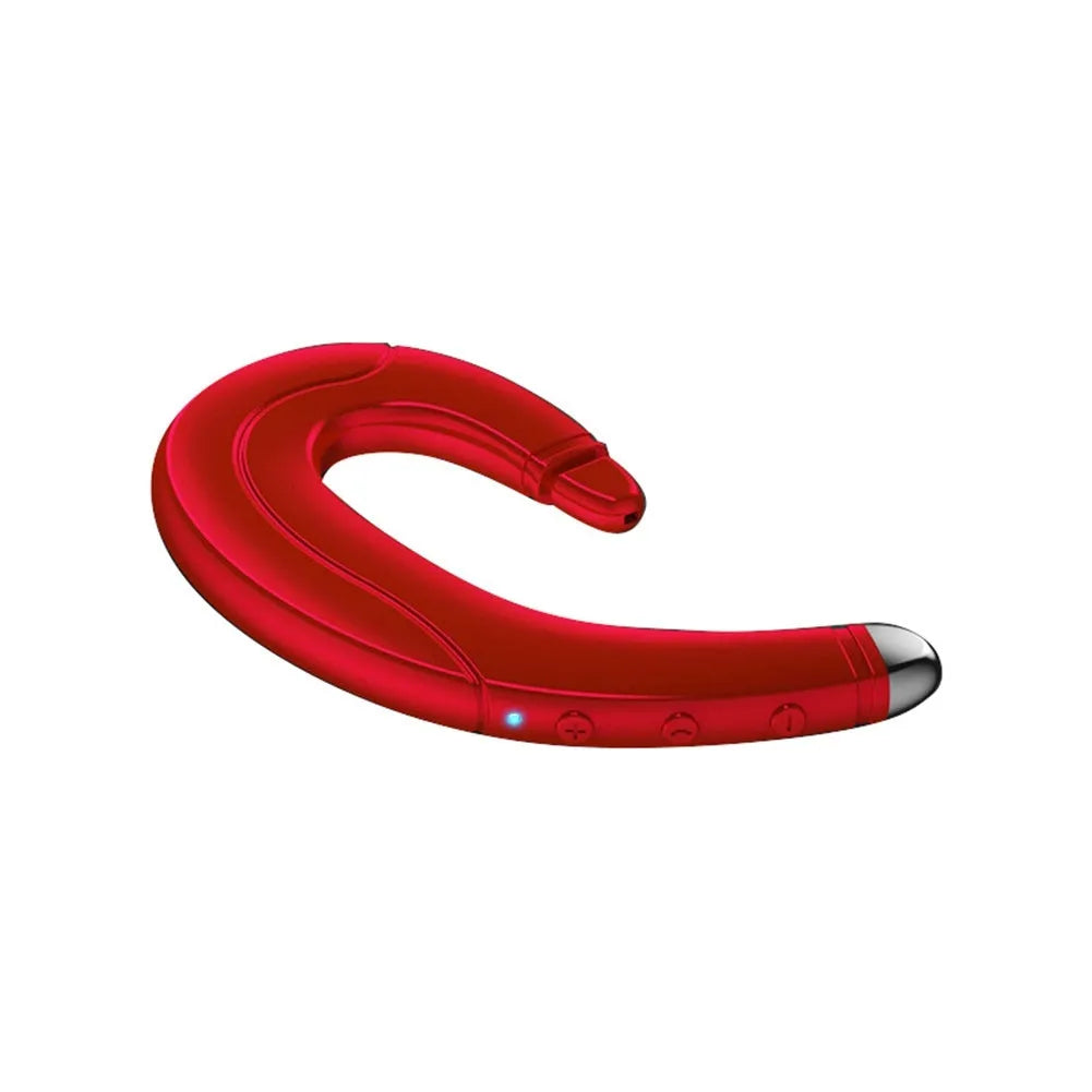 Single ear Bluetooth headset in black, blue, or red colours, mounted for driving use with bone conduction technology.