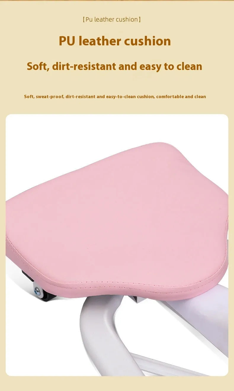 Pink and blue leg stretching machine with steel frame and foam padding, shown with and without a backrest.
