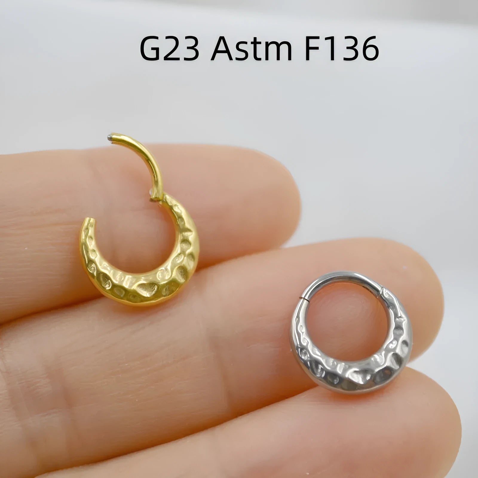 ASTM F136 titanium concave-convex carved nose ring in gold or silver colour, 1.2mm diameter