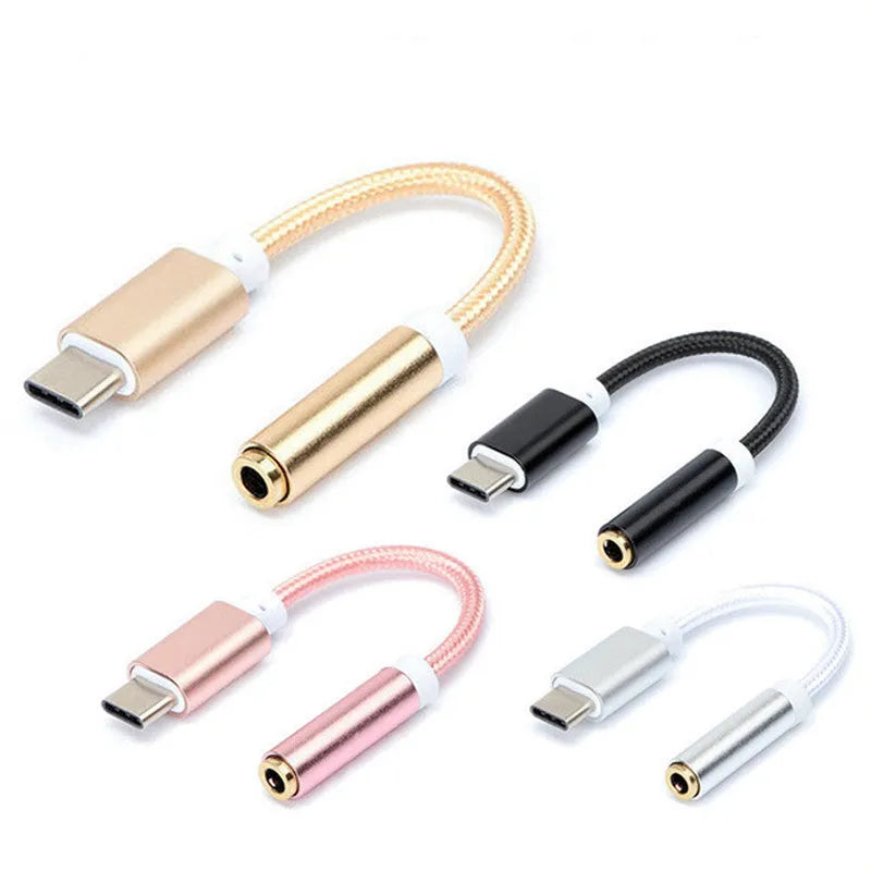 Nylon weaving TYPE-C to 3.5mm headphone adapter cable in multiple colours for mobile phone audio conversion