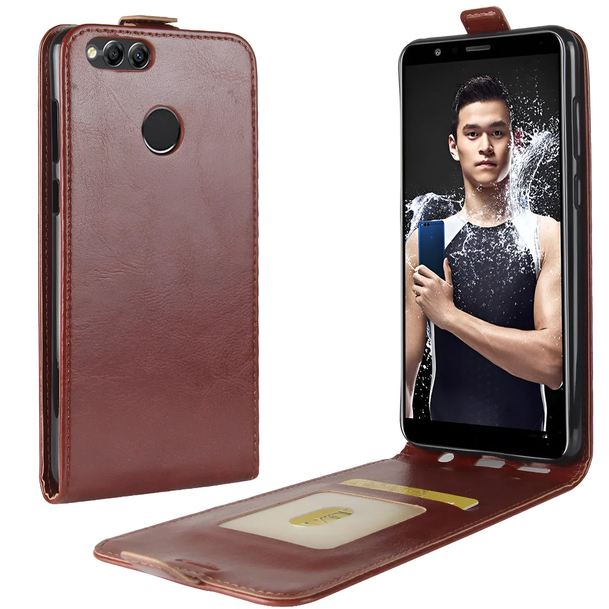 Honor 7X leather wallet phone case in black showing card slots and crazy horse pattern texture.