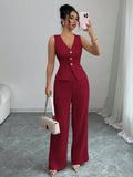 Women's solid colour sleeveless vest and high waist trousers two-piece set in a casual style.