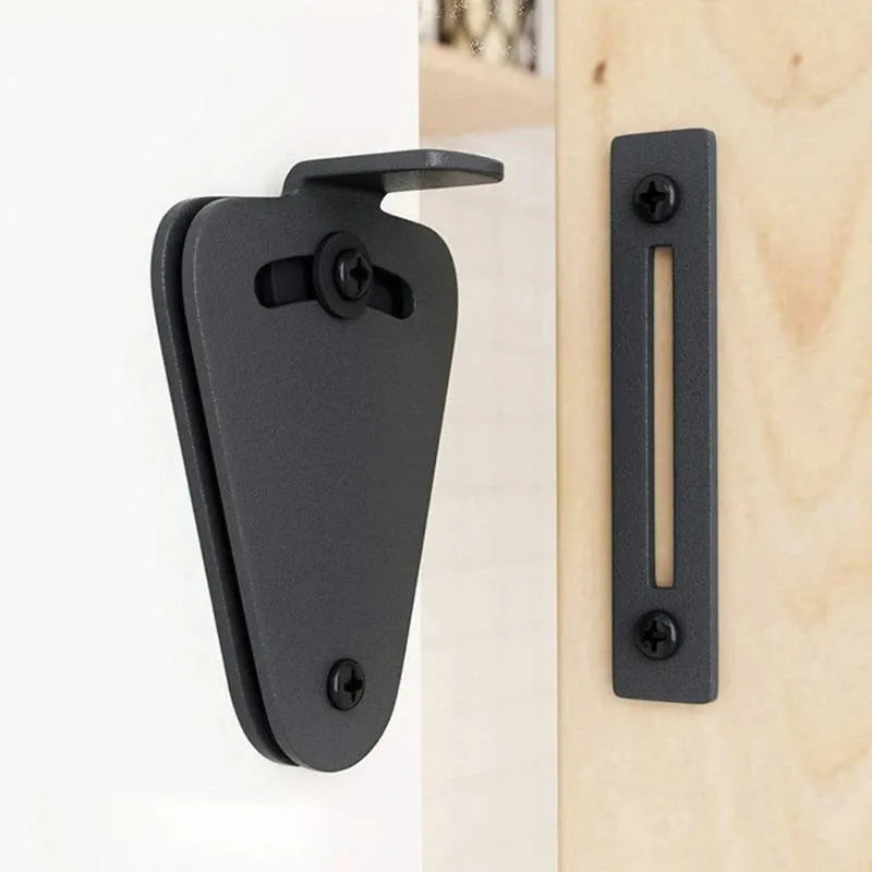Black stainless steel sliding barn door lock for internal doors shown in two sizes, S and M