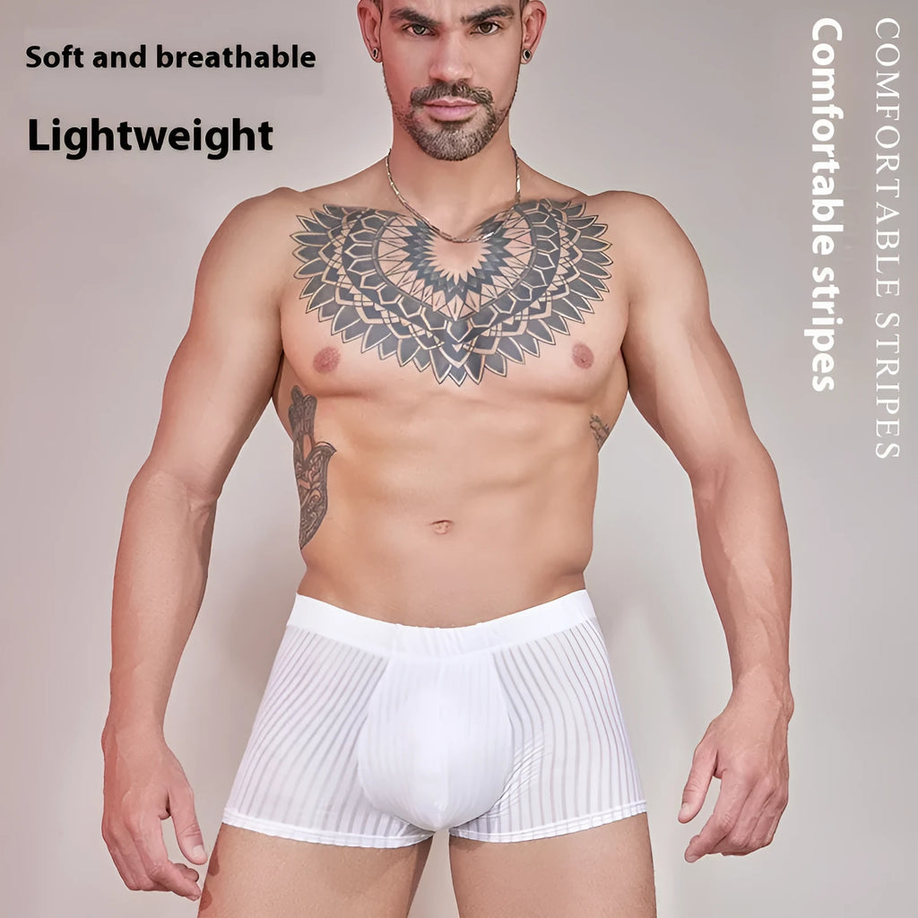 Men's striped underwear in thin transparent nylon fabric showing black, dark grey and white colour options