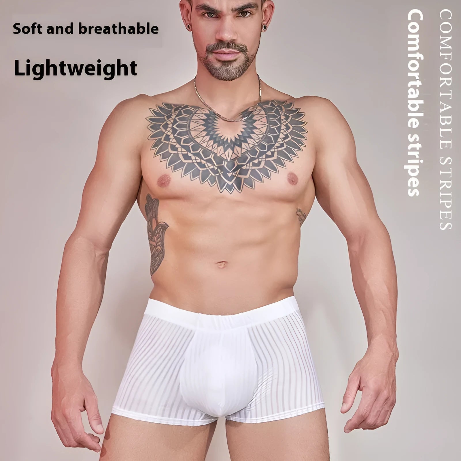 Men's striped underwear in thin transparent nylon fabric showing black, dark grey and white colour options