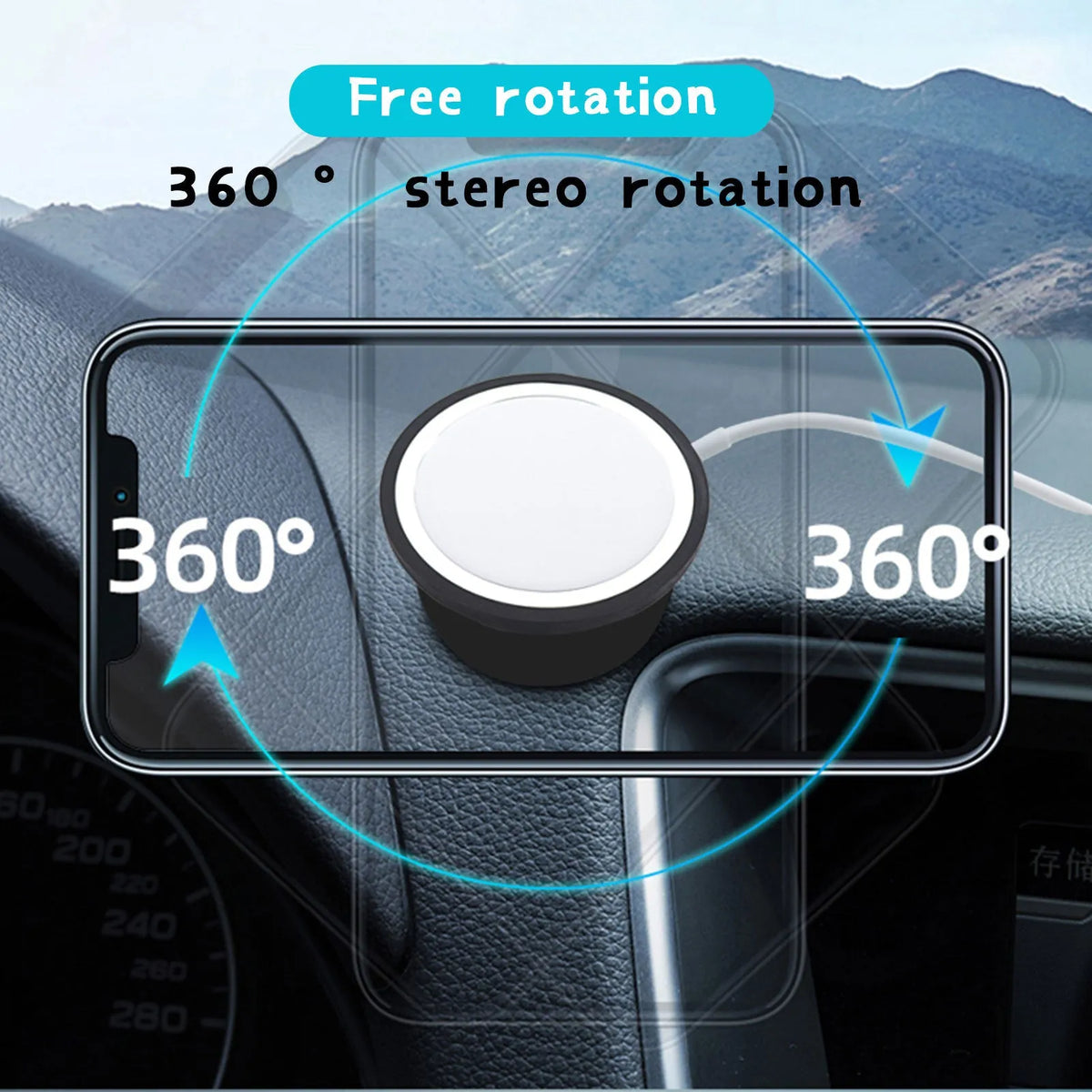 Black magnetic car phone holder mounted on vehicle air vent with smartphone attached, showing 360° rotation capability