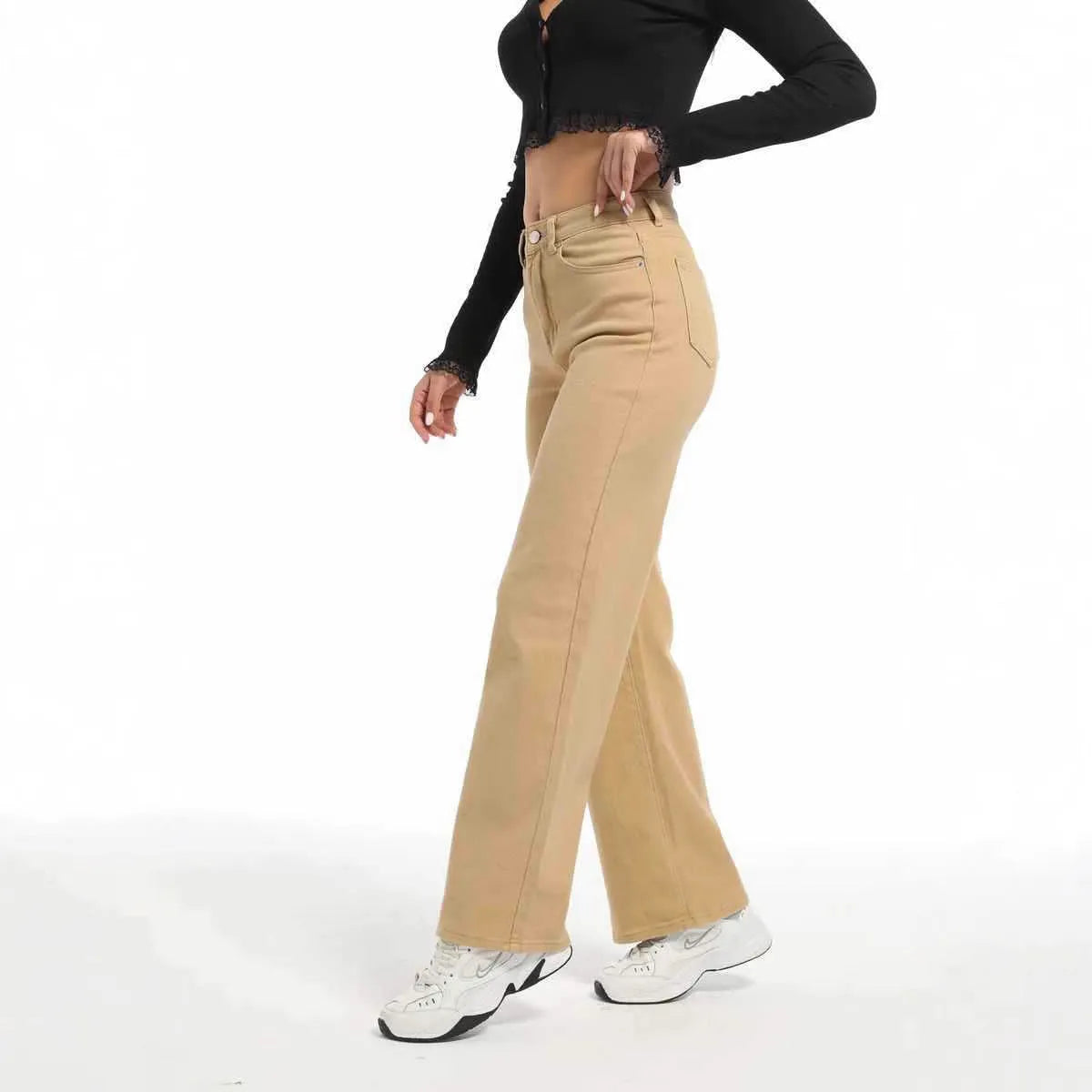 Women's high-waist straight wide-leg jeans in apricot colour, laid flat to show the cut and high-waist detail.