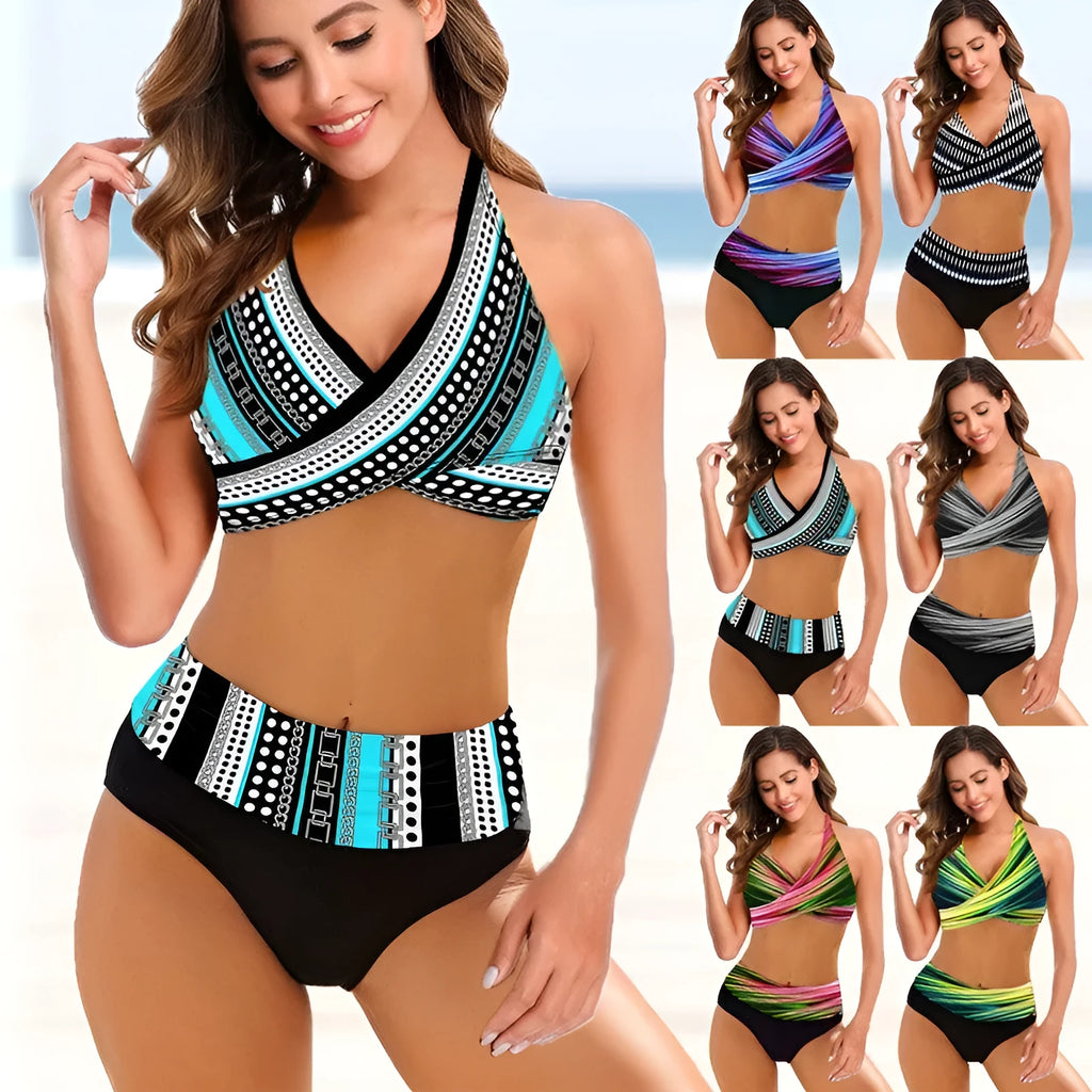 Women's striped tie-dye hollow-out bikini set showing high-waisted brief and backless design.