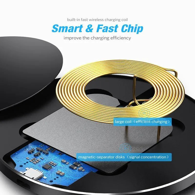 Black square wireless charging pad with ultra-thin profile and USB cable for fast 9V QI charging