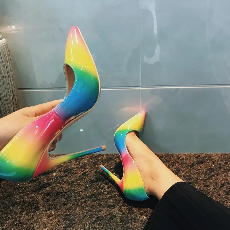 Rainbow patent leather women's ultra-high heel stiletto shoes with pointed toe