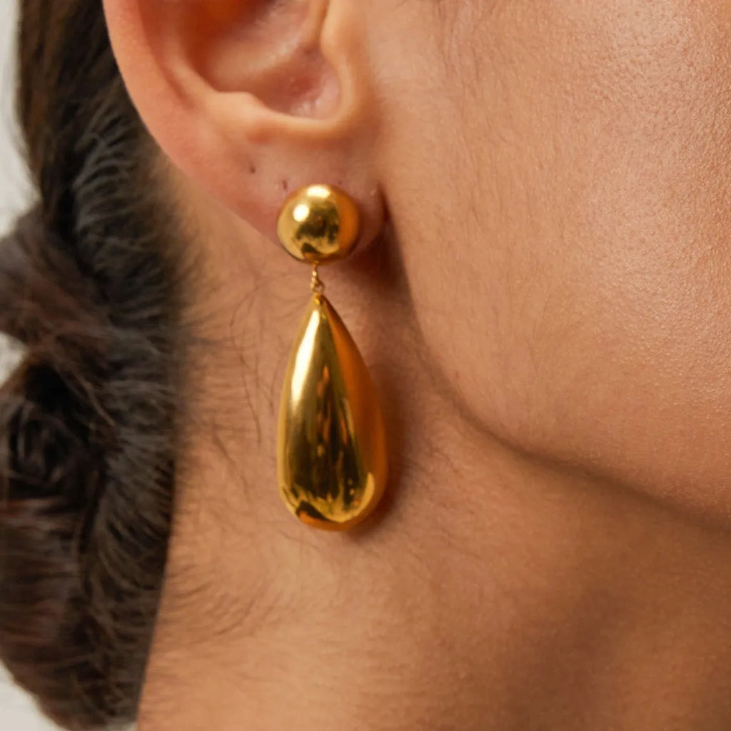 Gold stainless steel hemisphere water drop pendant earrings with electroplated finish for women