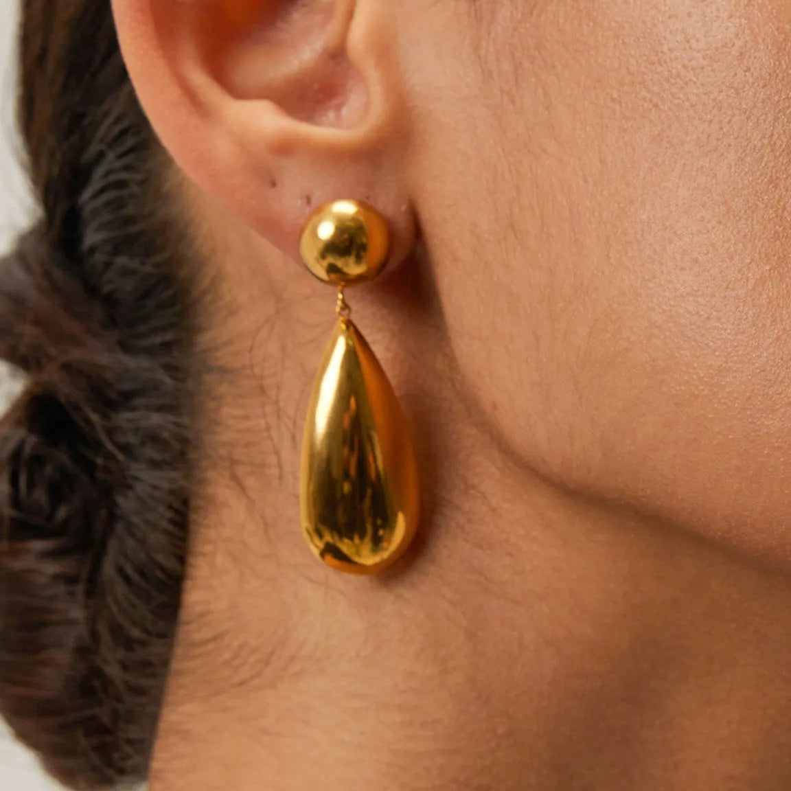 Gold stainless steel hemisphere water drop pendant earrings with electroplated finish for women