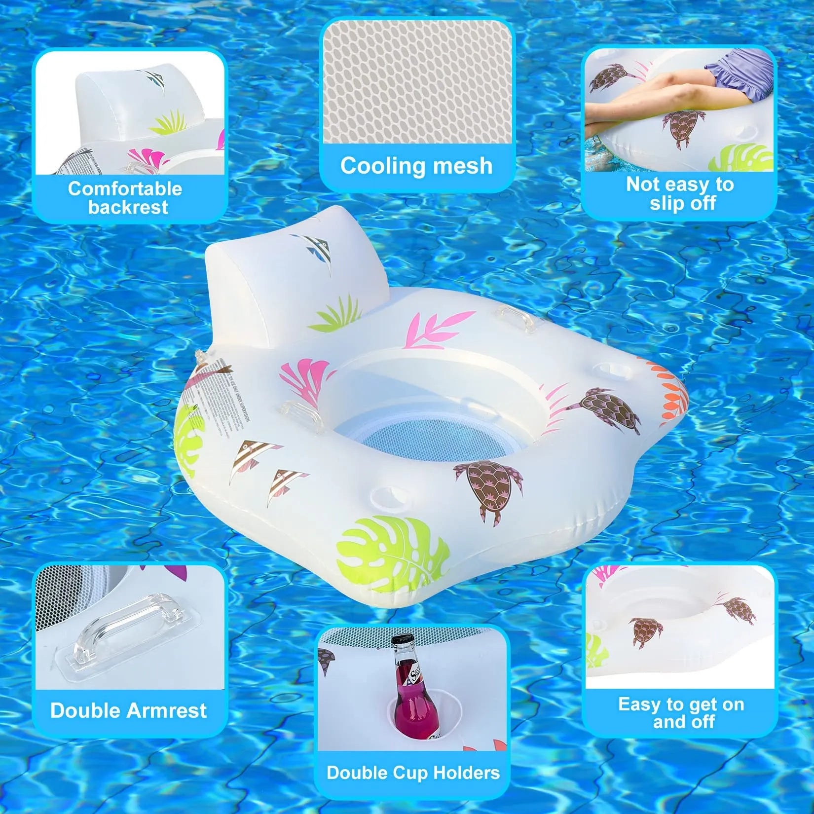 White U-shaped luminous inflatable float for pool seating measuring 120cm by 120cm