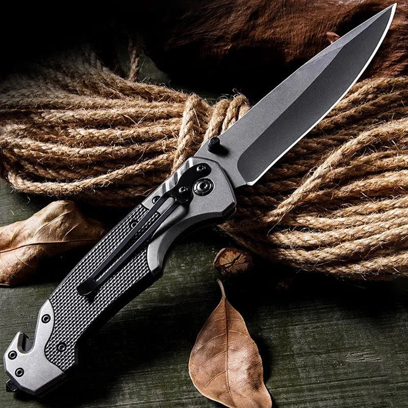 Outdoor folding knife with alloy blade showing textured handle option and folded position