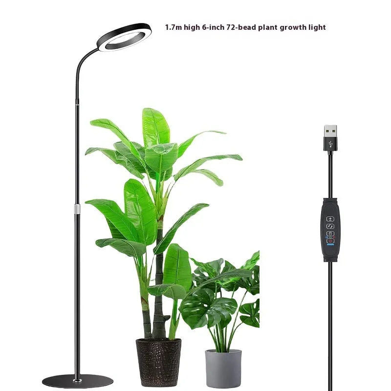 White floor-standing plant grow light with 6-inch angel ring design and adjustable height pole