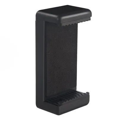 Black plastic phone holder with rotating clamp and universal folder mount on flat surface