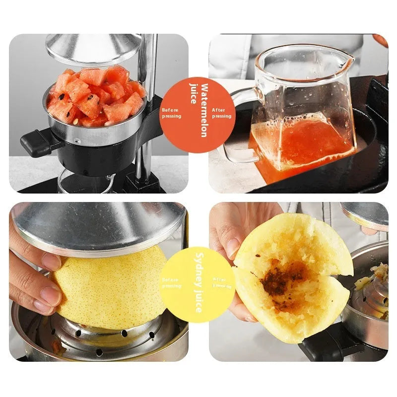 Black and white manual cast iron citrus juicer with stainless steel funnel on kitchen counter