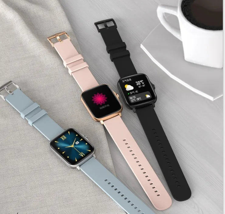 Blue smart watch with 1.7-inch touch screen on wrist, showing fitness stats interface.