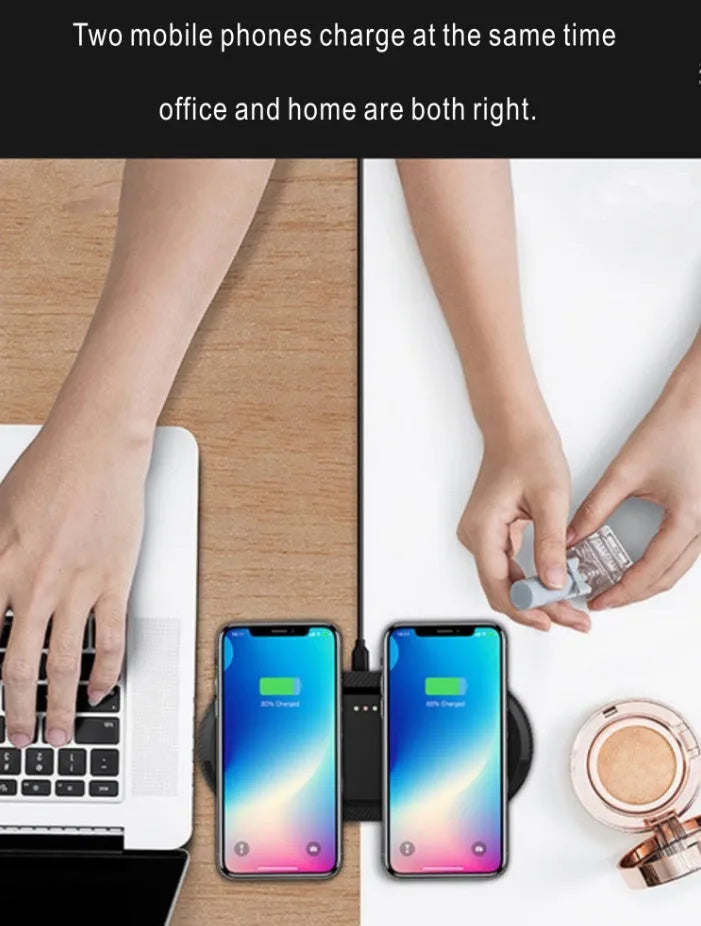Black and white dual wireless charger charging Samsung and iPhone phones simultaneously