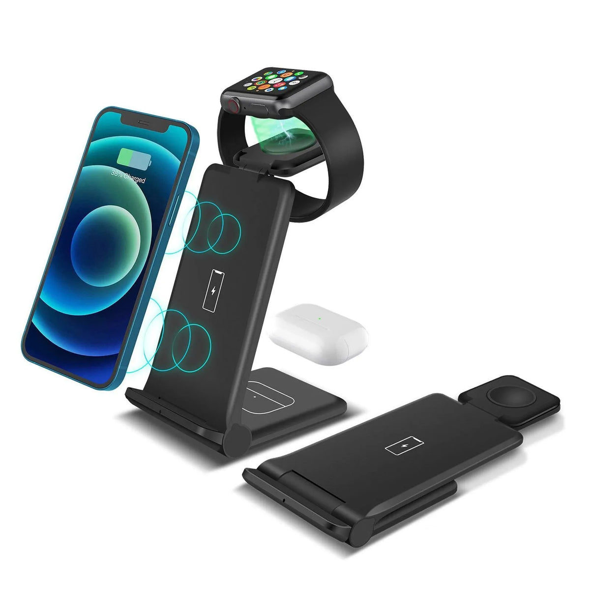 White foldable 3-in-1 wireless charging station for iPhone, Apple Watch, and AirPods.
