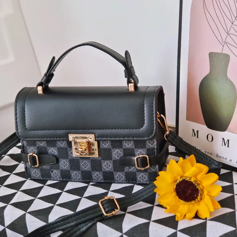 Retro ethnic pattern square crossbody bag in horizontal format with stitching detail and file bag interior