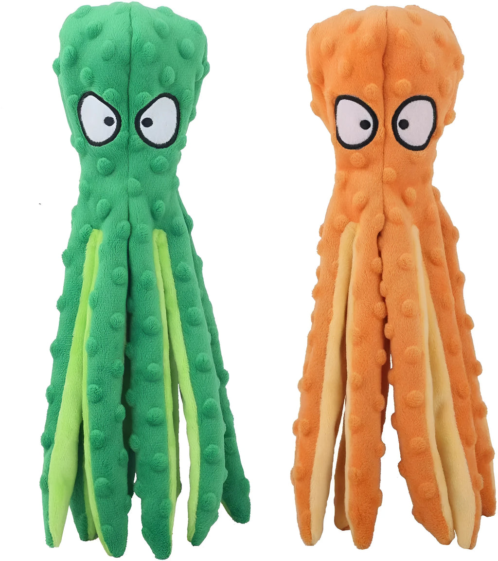 Blue octopus plush dog toy with tentacles, 32cm long no-stuffing chew toy with squeaker and crinkle sounds
