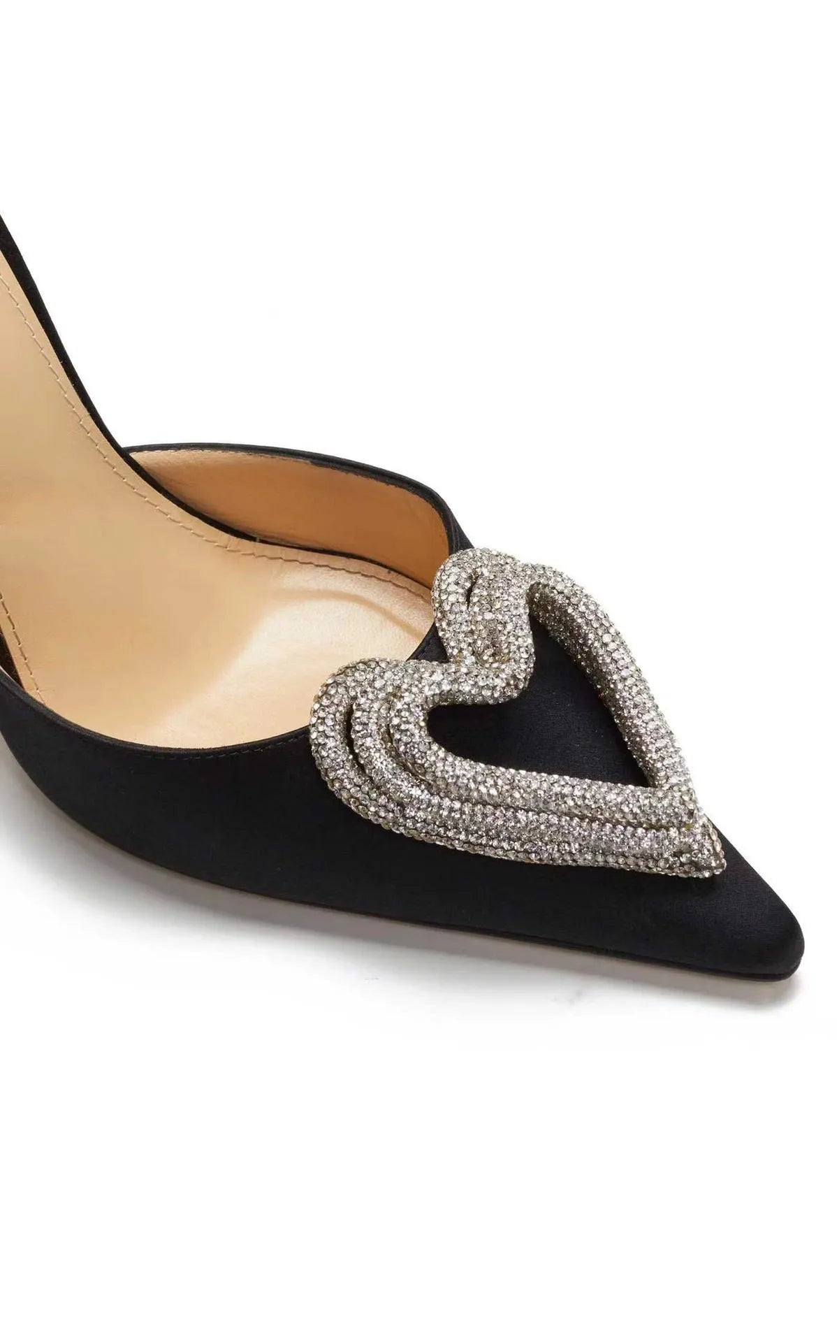 Women's pink satin sandal with heart-shaped rhinestone detail and adjustable ankle strap.