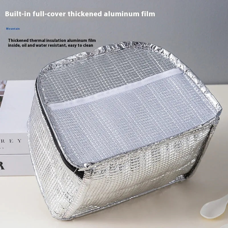 Insulated lunch box bag in textured cloth with large capacity for bento and rice, available in multiple colours