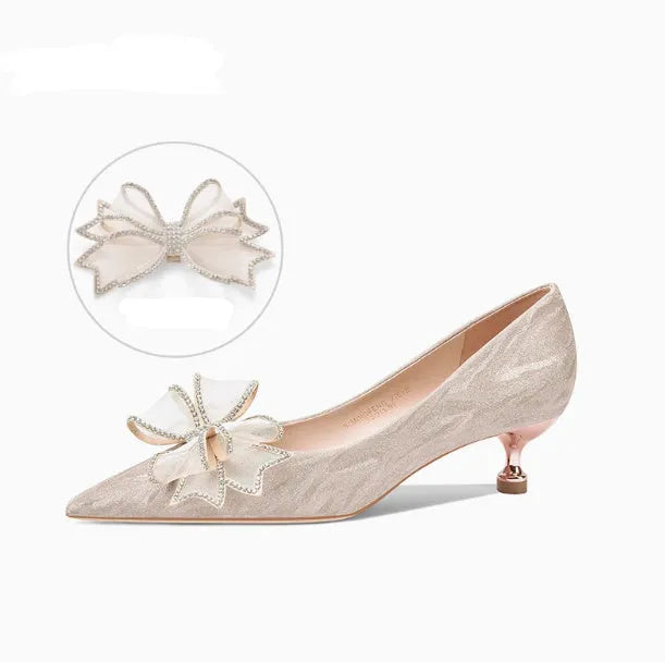 Women's champagne gold crystal stiletto heel pointed toe wedding shoes with a low top