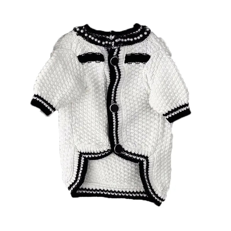 Korean princess style white dog sweater with pearl collar for small breed dog