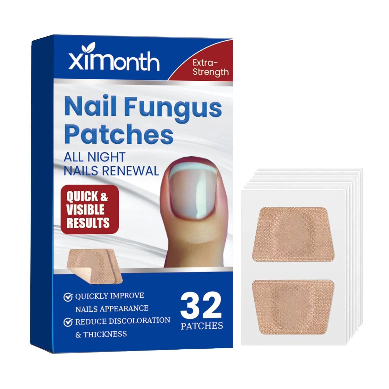 Box of 32 nail repair adhesive bandages, each patch measuring 6.1 by 3.5 centimetres.