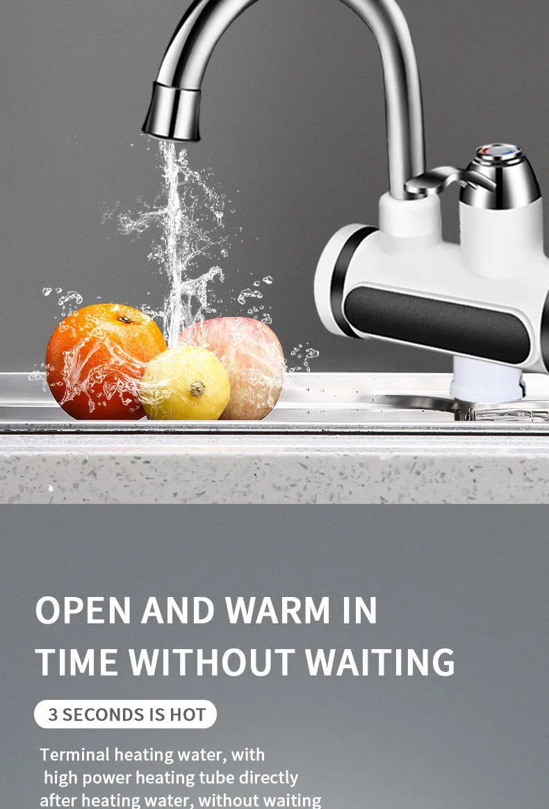 White 3000W instant electric water heater tap with digital temperature display and EU US plug options